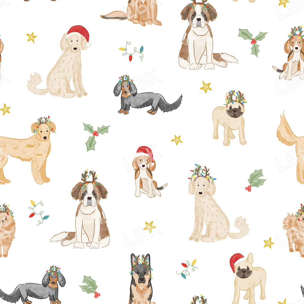 Christmas dogs and stars - white