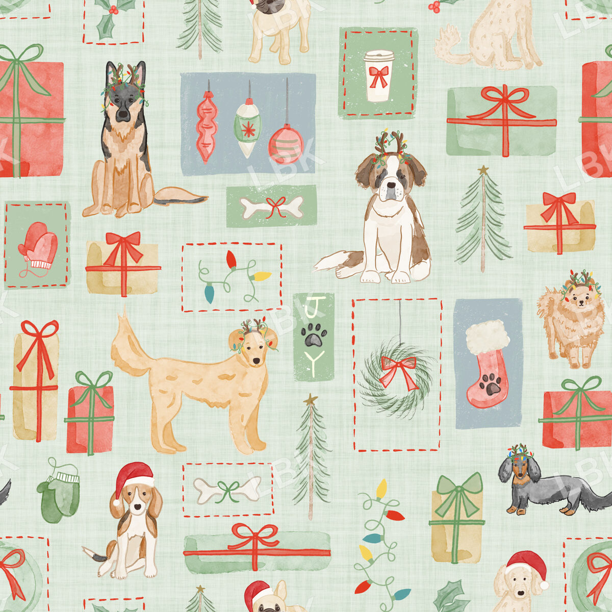 Christmas dog patchwork - light green linen