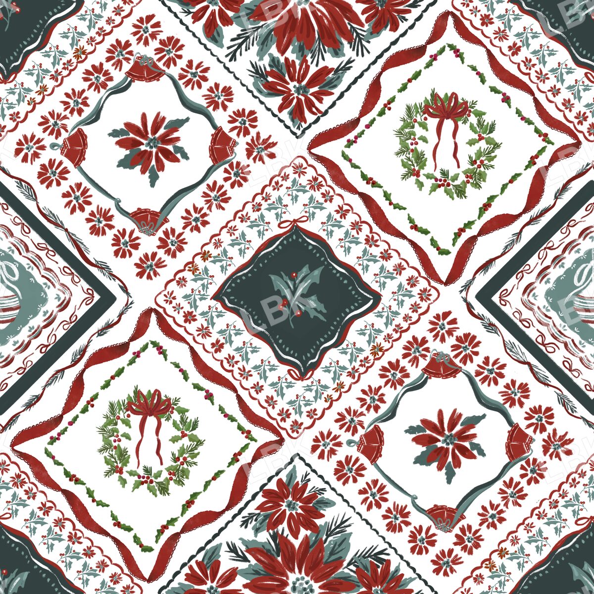 Christmas botanical vintage handkerchief white red