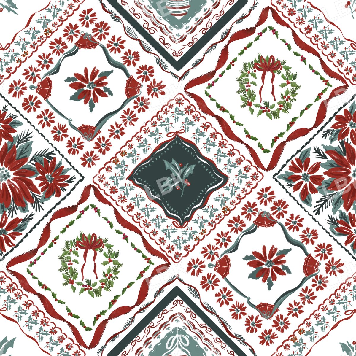 Christmas botanical vintage handkerchief white dark green