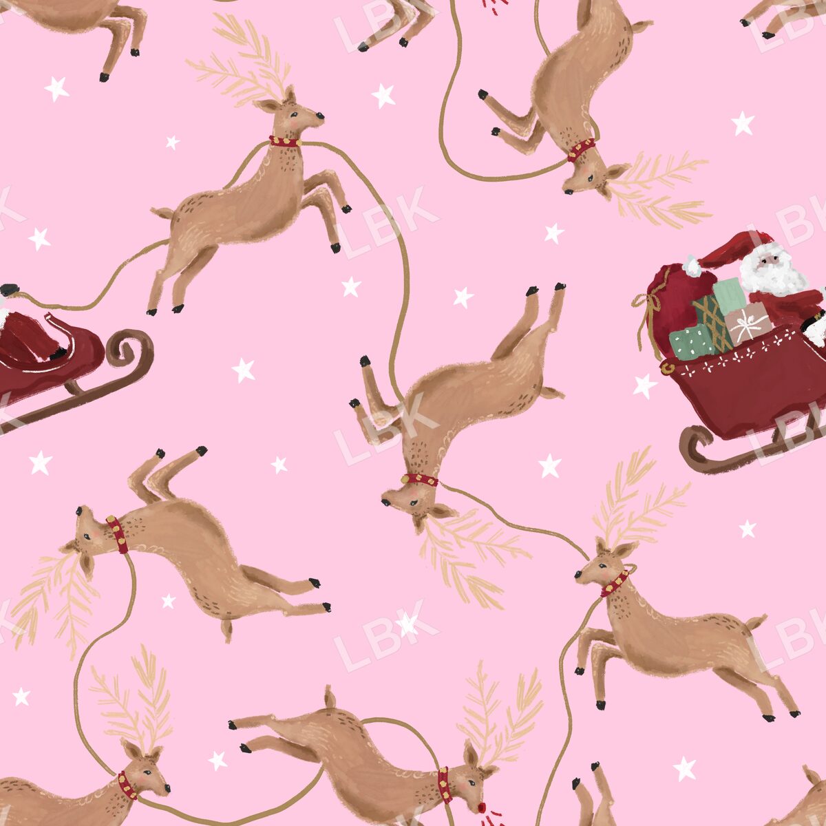 Santa and his reindeer pink sky 24x24