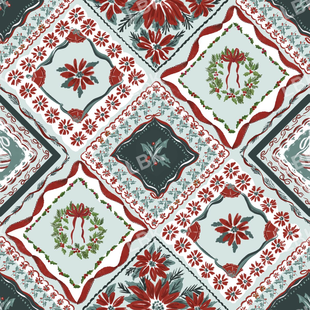 Christmas botanical vintage handkerchief mint green