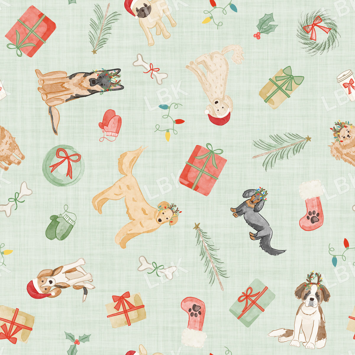 Christmas dogs tossed -light green linen