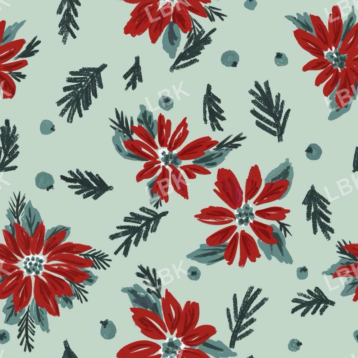 Red poinsettia pine and berry vintage green